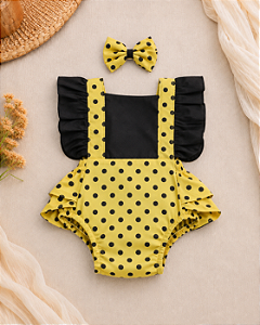 Romper Bebê Abelhinha Tricoline Amarelo e Preto com Laço