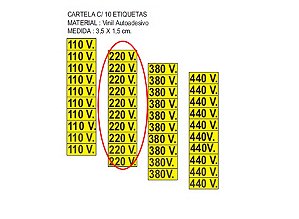 Adesivo Indicativo 220V - Vinil 3.5x1.5cm - Cartela com 10 Adesivos - Amarelo
