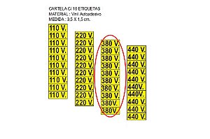 Adesivo Indicativo 380V - Vinil 3.5x1.5cm - Cartela com 10 Adesivos - Amarelo