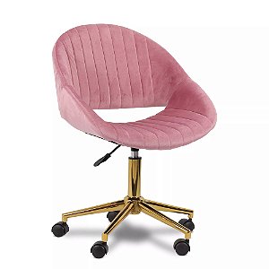 Cadeira Comfy Shelly Estofada Suede Rosa, Base Giratória Dourada