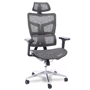 Cadeira de Escritório Comfy Prism Tela Mesh Cinza, Base Alumínio, Braço 4D, Assento Deslizante