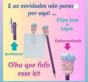 kit lápis e clips com aplique .