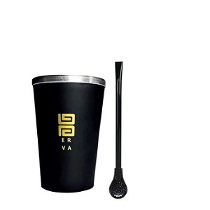 Kit Copo Preto Termico Black Erva quente ou frio 300ml + Bomba metal preta Black original