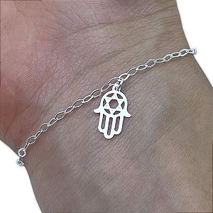Pulseira Mão de Fátima ou Mão Hamsá Com Estrela De Davi - Prata 925