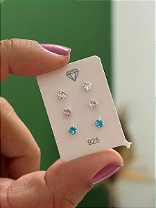 Trio de Brincos Color Zircônias Prata 925 - 3mm - MB573-652