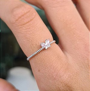 Anel com Borboleta Pedra Rosa Prata 925