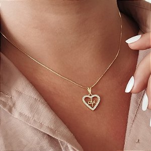 Gargantilha Coração Cravejado + Fé - Semijoia 18 k - 45 cm - MC597-1394