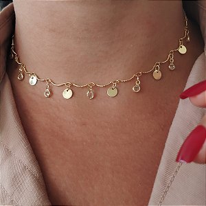Gargantilha Choker Medalhinhas Com Ponto De Luz - Semijoia 18 k - 32cm + 10 cm ( extensor )