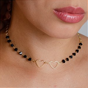 Gargantilha Choker Coração C/ Pedras Pretas - Semijoia 18 k - MC625-18180