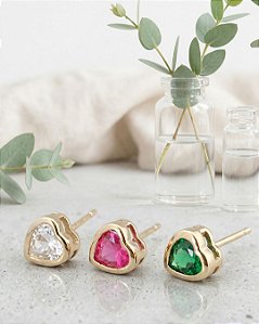 Brinco Coração Com Pedra - Semijoia 18k - 6 mm