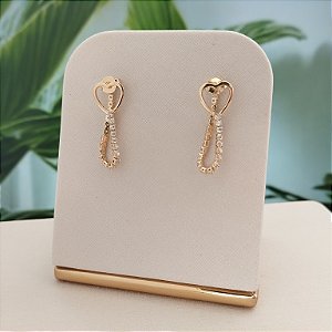Brinco Coração Com Corrente Cravejada - Semijoia 18k