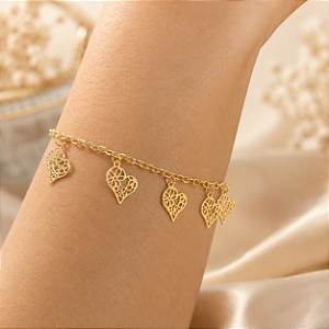 Pulseira Feminina Coração C/ Flores - Semijoia 18k - MP387-780