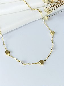 Gargantilha Choker Coração C/ Pérolas - Semijoia 18k -40 cm Com Ajuste Para 34 cm - MC727-890
