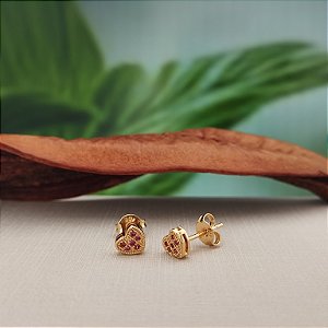 Brinco Coração Cravejado C/ Pedra Rosa - Semijoia 18k - MB756-540