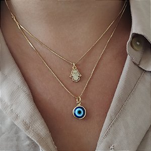 Gargantilha Dupla Olho Grego + Mão Hamsá/40cm + 4cm (extensor) - Semijóia 18k