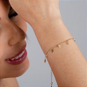 Pulseira Cruz c/Pedras - Semijoia 18k - MP521-07120