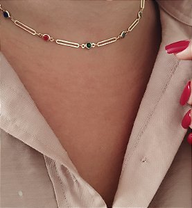 Gargantilha Choker c/Pedras Multicor - Semijoia 18k - MC990-25200