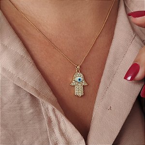 Gargantilha Mão De Fátima C/Olho Grego - Semijoia 18k - MG14-24240