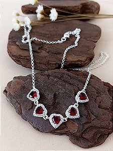 Gargantilha Corações Com Pedra Vermelha - Prata 925 - MG183-69346