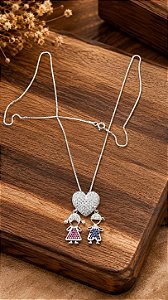 Gargantilha Coração Cravejado Casal Filhos (Menino/Menina) - Prata 925 - MG186-X740