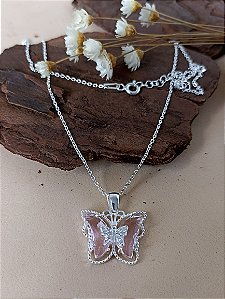 Gargantilha Borboleta Cravejada Pedra Rosa Zircônia - Prata 925 - MG189-48240