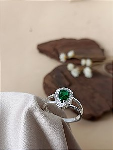 Anel Gota Pedra Verde Cravejado - Prata 925 - MA247-30156