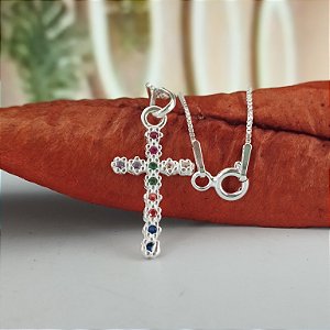 Gargantilha Cruz Cravejada Color - Prata 925 - MG404-24144