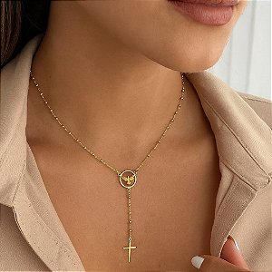 Gargantilha Terço Espirito Santo C/ Cruz - Semijoia 18k - MG429-13220