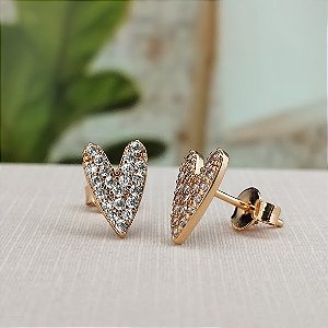 Brinco Coração Alongado Cravejado - Semijoia 18k - BR956-676