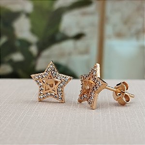 Brinco Estrela Cravejado C/ Coração - Semijoia 18k - BR947-790