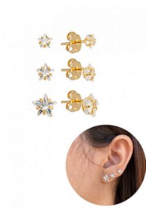 Trio Estrela de Zircônia 4 mm - 5mm - 6mm - Semijoia 18k - B40-568