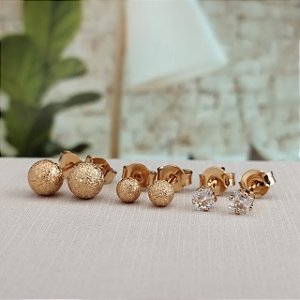Trio Bola Trabalhado C/ Ponto de Luz - Semijoia 18k - B42-666