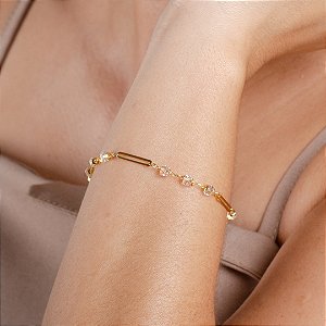 Pulseira Elos Cilindro C/ Pedras - Semijoia 18k - MP776-08130