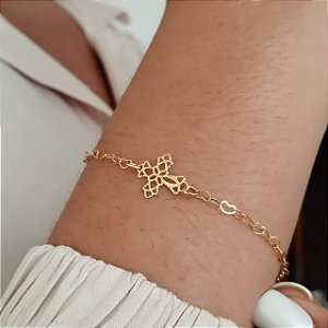 Pulseira Cruz Trabalhada + Coração Vazado - Semijoia 18k - MP905-798
