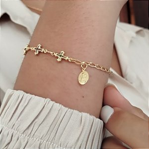 Pulseira N. Sra. de Nazaré C/ Cruz Color - Semijoia 18k - MP897-07106
