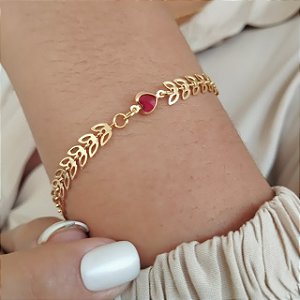 Pulseira Folhas C/ Coração Rosa - Semijoia 18k - MP797-11140