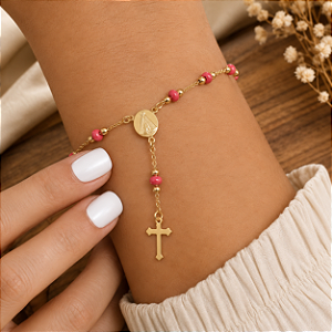 Pulseira Terço N. Sra. Aparecida C/ Bolinhas Vermelhas - Semijoia 18k - MP902-15170