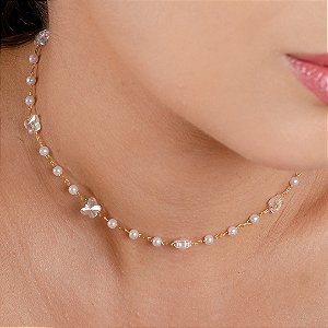 Gargantilha Choker Pérola C/ Borboleta - Semihoia 18k - MG508-11140