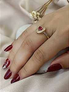 Anel Coração Cravejado Pedra Rosa Escuro - Semijoia 18k - MA378-10240
