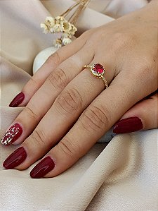 Anel Cravejado Com Pedra Rosa Escuro - Semijoia 18k - MA382-10240