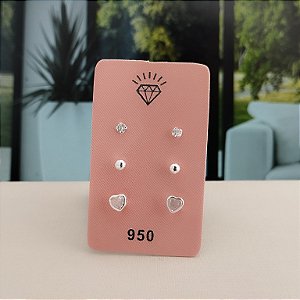 Trio Brincos Luxo Prata 925 - Coração - Bola - Pedra - B137-1166