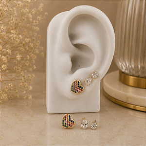 Trio Coração Cravejado, Ponto de Luz e Gota Zircônia - Semijoia 18k - B155-1080