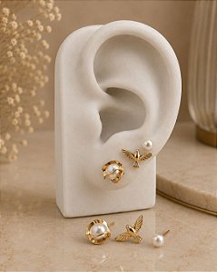 Trio Espírito Santo e Pérolas - Semijoia 18k - B158