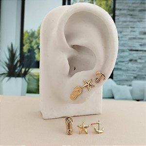 Trio Âncora, Estrela do Mar e Chinelo - Semijoia 18k - B163-1070