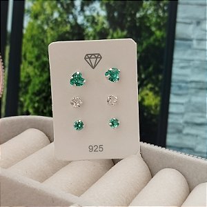 Trio de Brincos Verde Água - Prata 925 - B213-1060