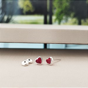 Brinco Ponto de Luz Coração Vermelho C/ Tarraxa Baby 4mm - Prata 925 - B220-638