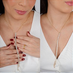 Gargantilha Gravatinha c/ Pedras Cravejadas - Semijoia 18k - Antialérgica