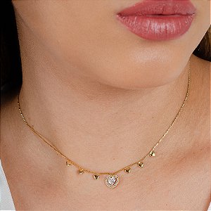 Gargantilha Coração Cravejada c/ Pedra de Zircônia - Semijoia 18k - Antialérgica