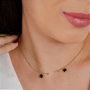 Gargantilha Choker Trevo Cor Preta - Semijoia 18k - Antialérgica