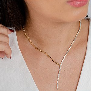 Gargantilha Gravatinha Cravejada C/ Pedras Zircônia - Semijoia 18k - Antialérgica